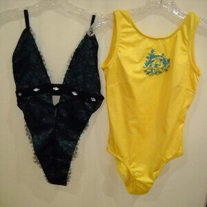 Women's Turquoise Blue Bodysuit S Teddy Lace + Yellow bathing Suit